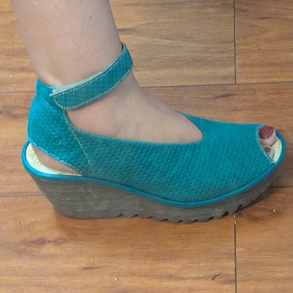 Fly London Shoes - Fly London Teal Wedge sandal with Ankle Strap, size 39